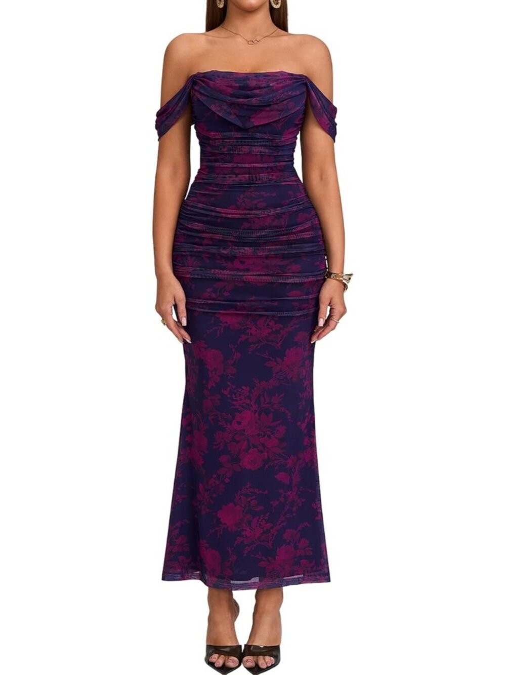 Women's Purple Floral Corset Ruched Off The Shoulder Bodycon Cocktail Maxi Dress